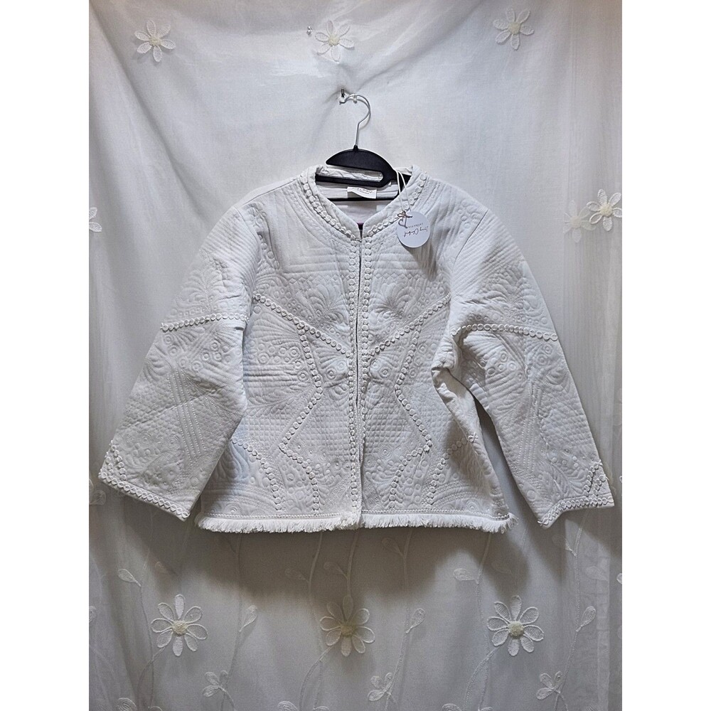 Lacy Chabert Womens NWT 1X White Jacket Quilted Boho Fringe Kantha Lightweight